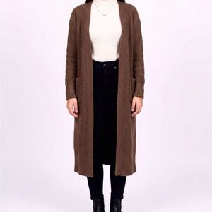 Long Open-Front Brown Knit Cardigan